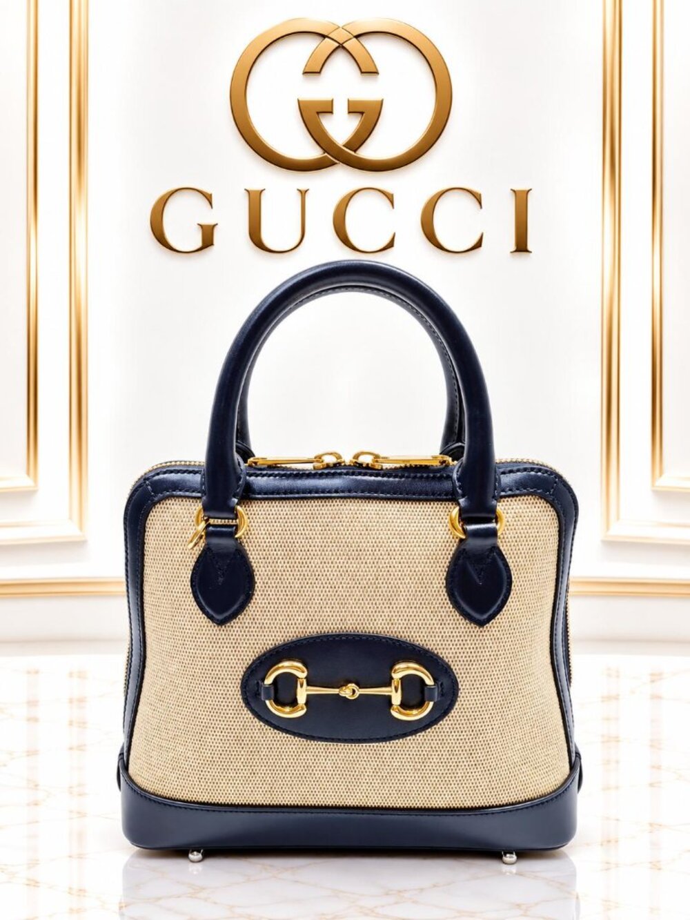 Authentic Gucci Horsebit 1955 Beige Canvas Navy Leather Top Handle Boston Bag
